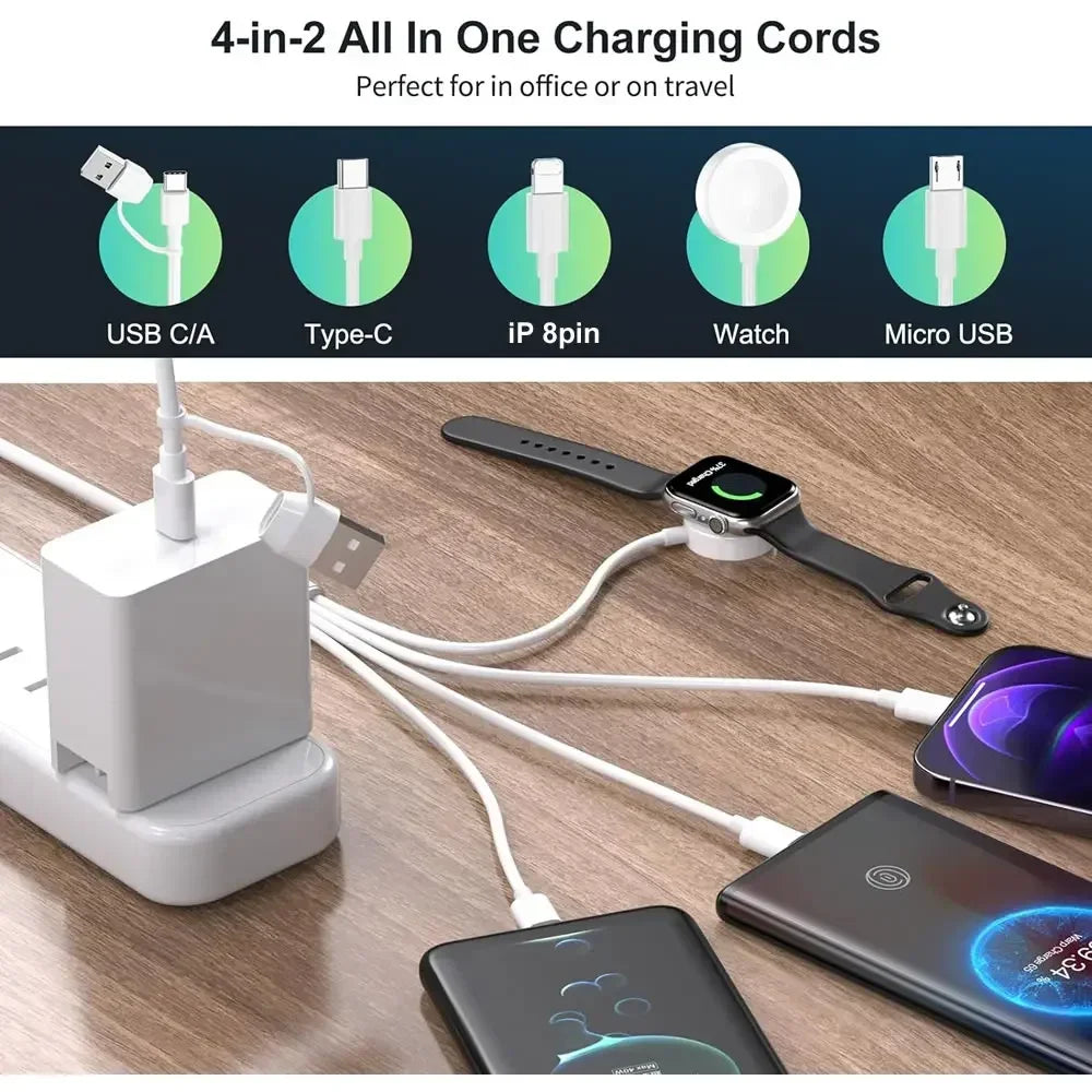 4-in-2 Multi Charging Cable for iPhone 15, Type-C, Micro USB – Wireless Charger for Apple Watch Ultra SE/9/8/7/6/5/4