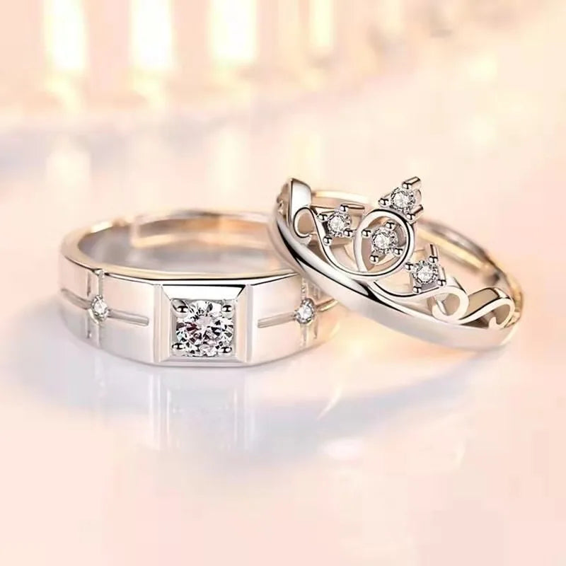 Luxury Zircon Couple Rings - Shiny Crown, Flower & Heart Design for Women & Men, Promise & Anniversary Wedding Jewelry