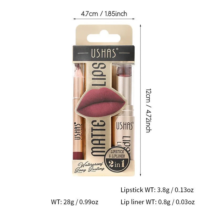 USHAS 12-Color Matte Lipstick & Lip Liner Set – Long-Lasting, Waterproof, Non-Stick Easy Coloring Lip Makeup Kit