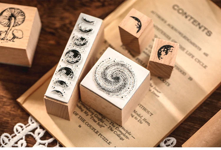 Yoofun 7-Piece Vintage Moon & Plant Wooden Stamps — Rubber Stamps for Scrapbooking, DIY Craft & Stationery