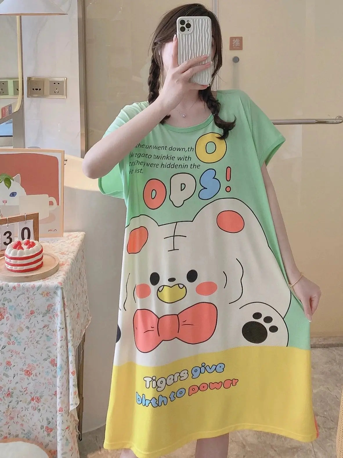 Girls’ Summer & Autumn Cartoon Nightdress – Cute Short-Sleeved Pajama Dress, Comfortable Homewear, Polyester Sleepwear