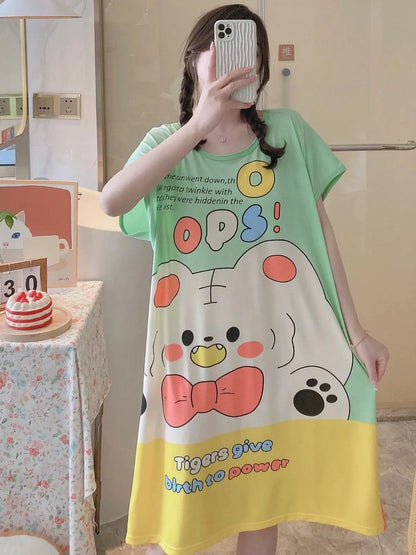 Girls’ Summer & Autumn Cartoon Nightdress – Cute Short-Sleeved Pajama Dress, Comfortable Homewear, Polyester Sleepwear