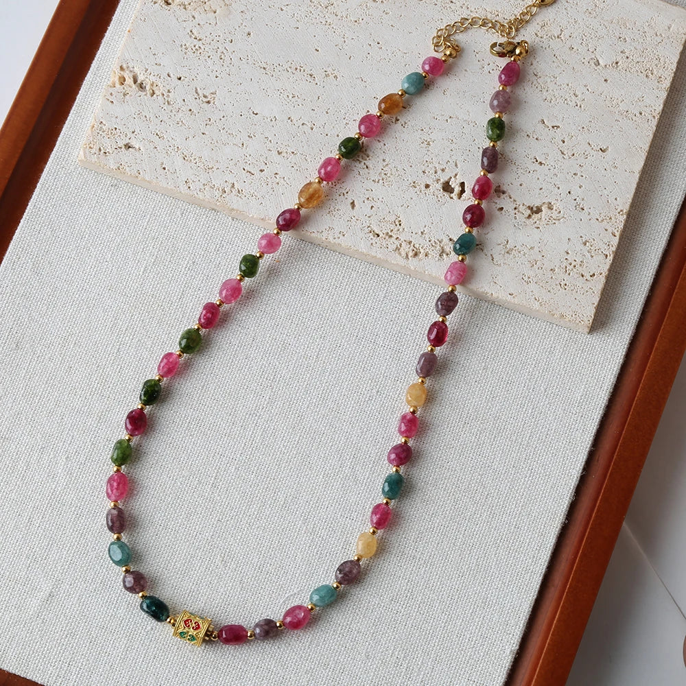 Bohemian Natural Tourmaline Beaded Necklace – Handmade with Stainless Steel Tibetan Pendant, Party Jewelry Gift