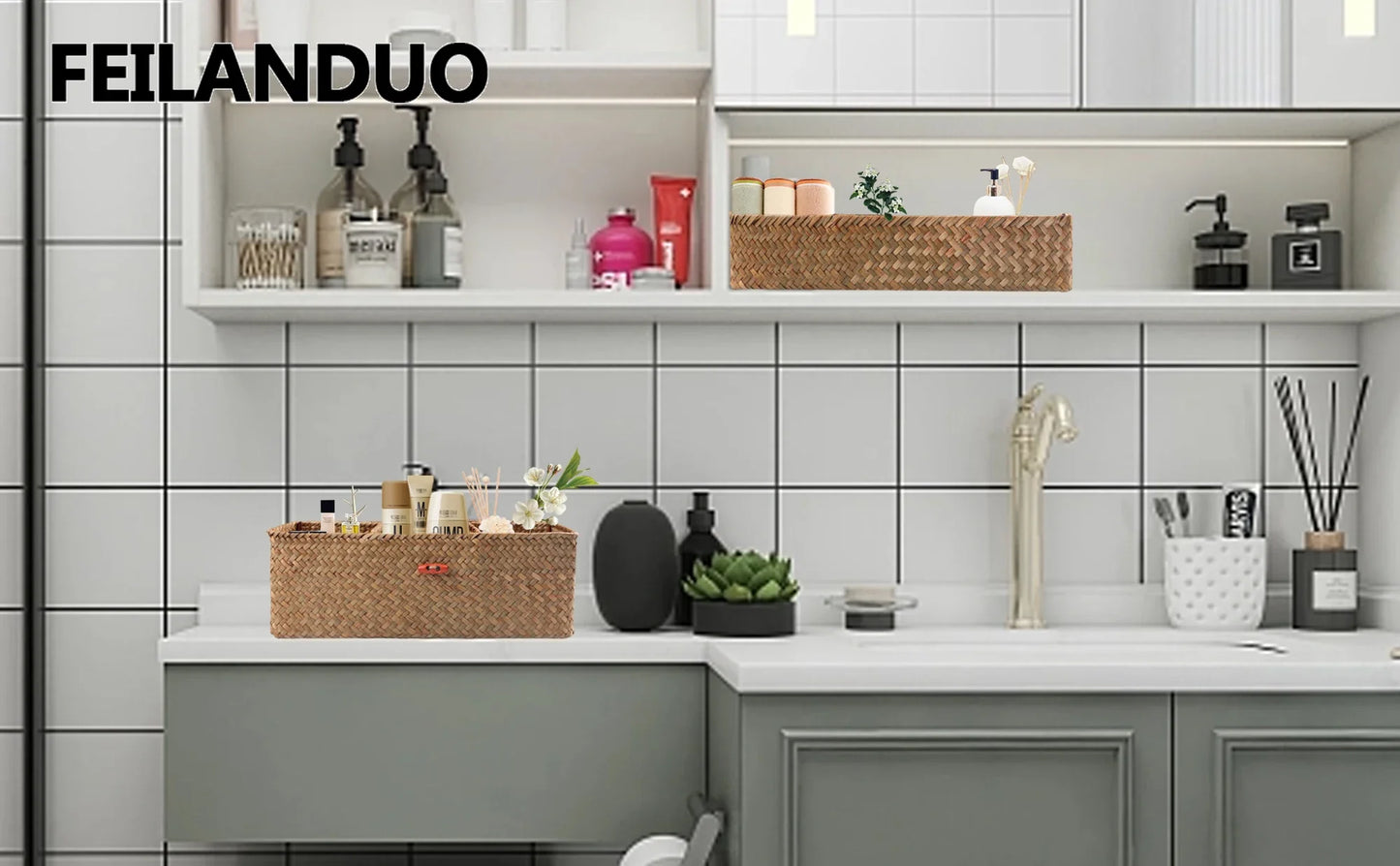 Hand Woven Storage Baskets with Lid - Rectangular Dust-Proof Clothing Storage Box, 3-Grid Wardrobe Container for Sundries Organizer