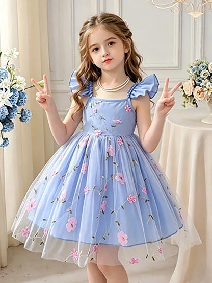 Girls’ Blue & Pink Floral Tulle Princess Dress - Flutter Sleeve Puffy Skirt Summer Party Dress