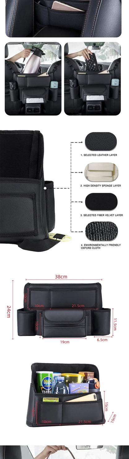 Car Seat Middle Hanger Leather Storage Bag – Multifunction Hanging Organizer with Handbag Holder, Water Cup & Tissue Pockets