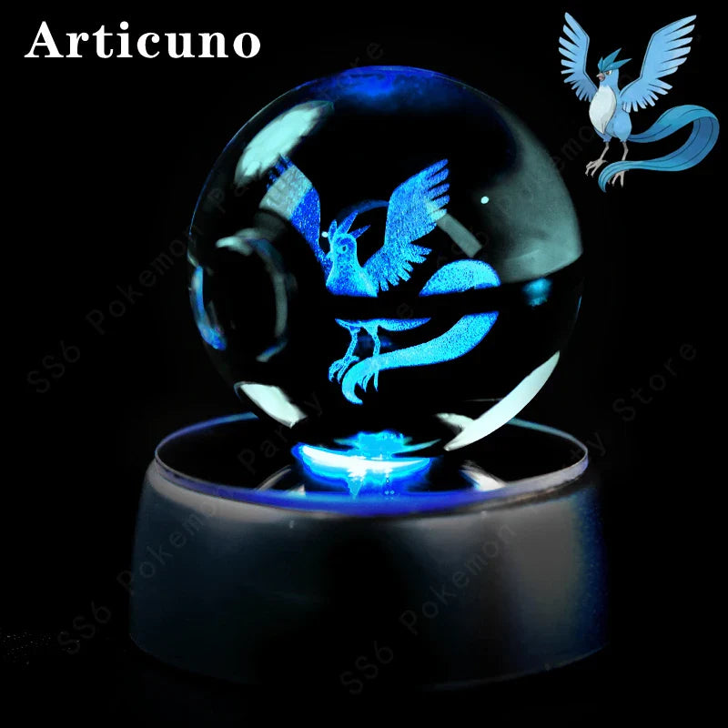 Pokemon Crystal Ball Night Light - 3D Pikachu, Gengar, Mew and Mewtwo Lamp Base, Glass Pokeball Figure, Birthday Gift