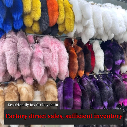 Natural Fox Fur Tail Keychain – 40cm Furry Racoon Bag Charm & Fluffy Keyring Accessory for Women
