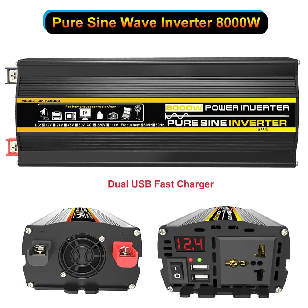 3000W-8000W Pure Sine Wave Power Inverter — DC 12V to AC 220V with Digital Display