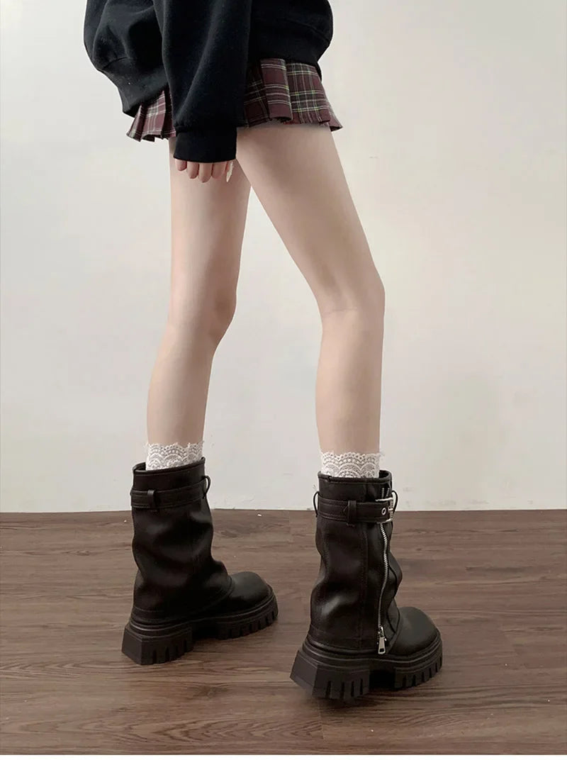 Women’s Winter Biker Boots – Fashion Belt Buckle Platform Short Booties, Casual Knight-Style Flats