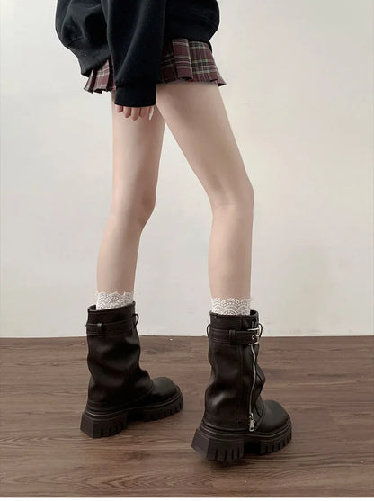 Women’s Winter Biker Boots – Fashion Belt Buckle Platform Short Booties, Casual Knight-Style Flats
