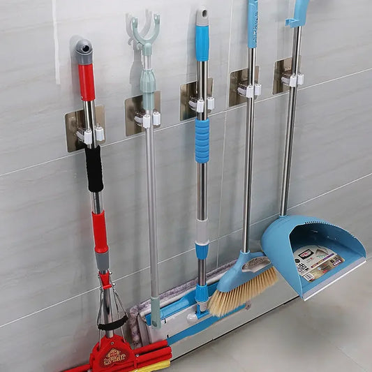 Punch-Free Mop Holder Wall-Mounted Broom Hanger with Self-Adhesive Hooks - Bathroom Shelf for Home Accessories and Bathroom Storage