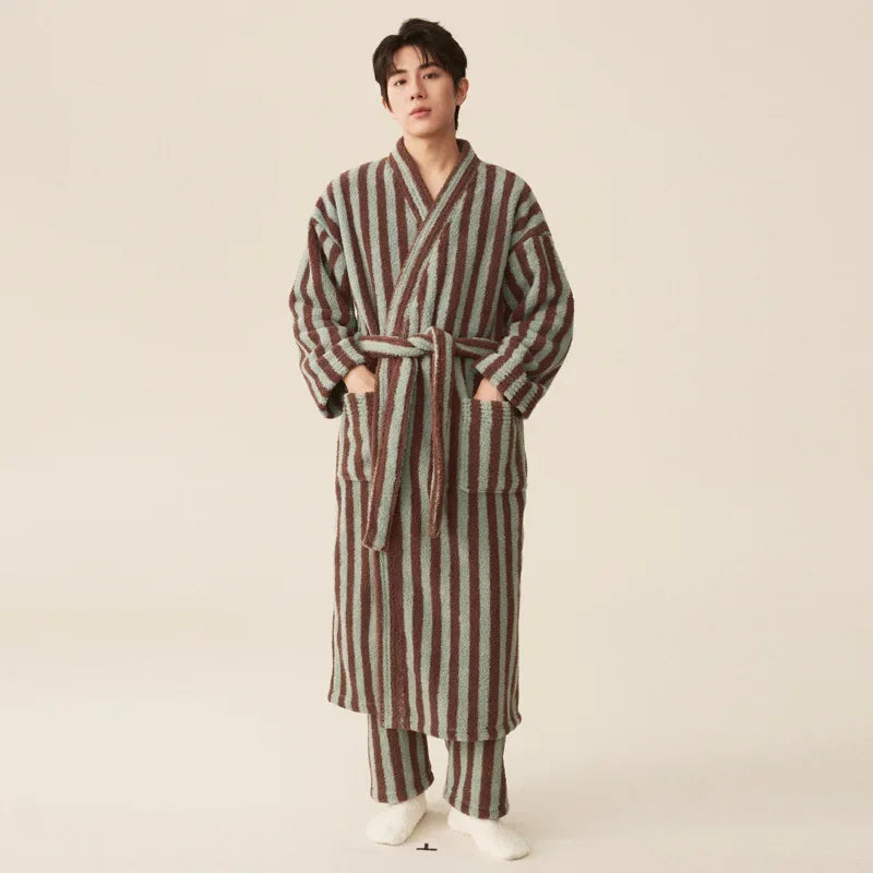 Couple’s Thickened Flannel Pajama Set – Coral Velvet Bathrobe & Striped Pants for Autumn Winter Homewear