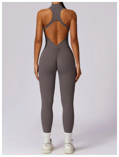 Women’s V-Back One-Piece Sports Jumpsuit — Sleeveless Yoga Romper with Zipper Workout Bodysuit