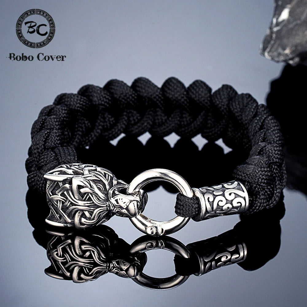 Vintage Norse Runes Celtic Wolf Survival Rope Bracelet - Handmade Stainless Steel Wristband for Men, Vikings Jewelry