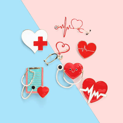 European & American Creative Badge Jewelry — Personalized Cartoon Hearing Device Pin, Love Red Cross Baked Paint Alloy Accessory