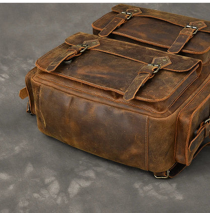 Vintage Crazy Horse Leather Backpack for Men — 17" Laptop Travel Rucksack Cowhide Hiking Bag M815
