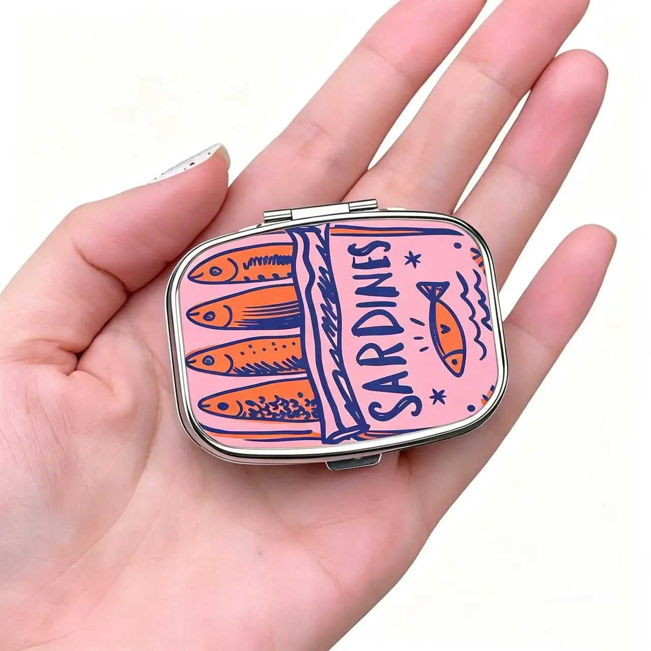Cute Sardines Metal Pill Case - Portable 2-Compartment Mini Medicine Organizer for Pocket & Purse
