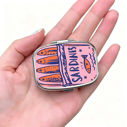 Cute Sardines Metal Pill Case - Portable 2-Compartment Mini Medicine Organizer for Pocket & Purse