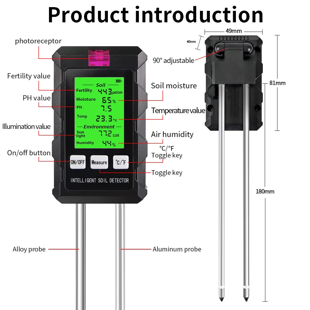 6 in 1 Soil Tester - pH, Temperature, Humidity, Sunlight, Air, Moisture & Nutrient Fertility Meter for Gardening