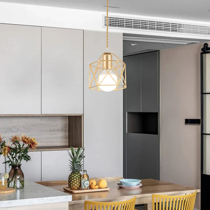 Modern LED Pendant Light - Iron Gold Black Minimalist Metal Cage Pendant Lamp - Living Room, Restaurant, Shop, Bar Fixture Decoration