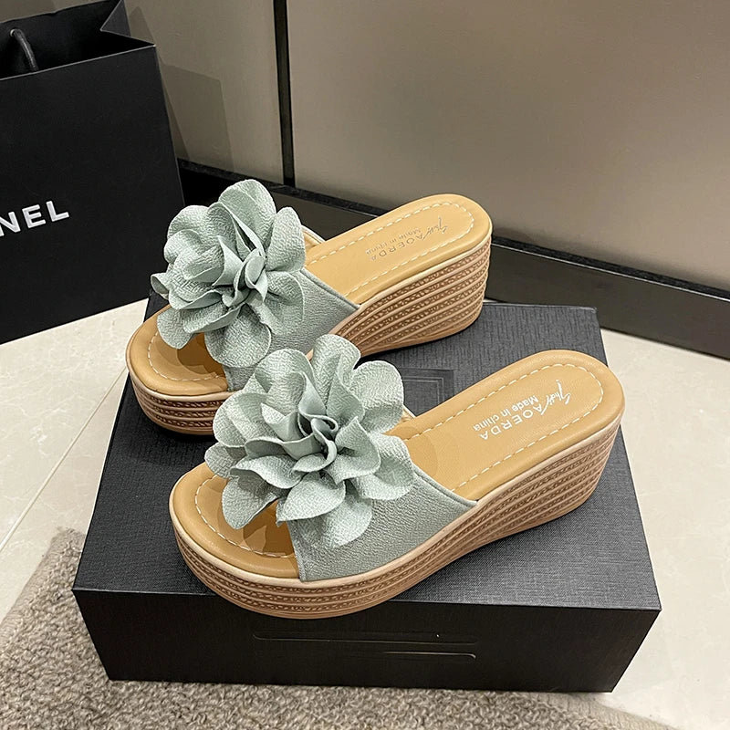 Women's Flower Wedge Sandals - Slip-On High-Heel Platform Summer Shoes