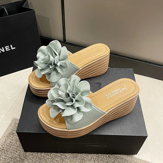 Women's Flower Wedge Sandals - Slip-On High-Heel Platform Summer Shoes
