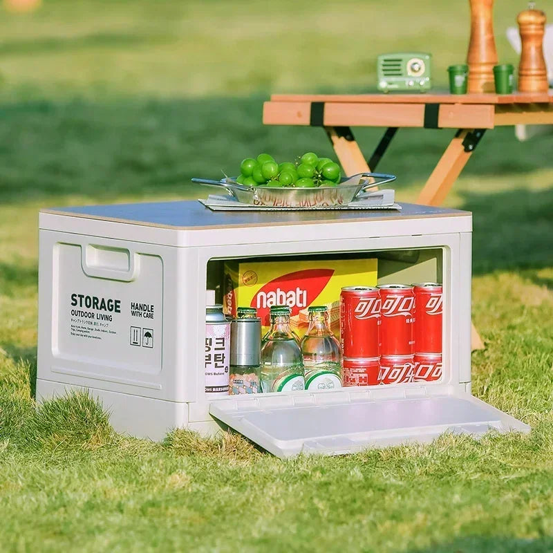 Camping Storage Box with Trunk Organizer - Multi-Functional Folding Outdoor Bench and Chopping Board for Picnics and Car Camping