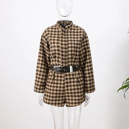 Elegant Plaid Women’s Set – Casual Full-Sleeve Zipper Jacket & High-Waist Shorts, 2025 Spring Office Outfit
