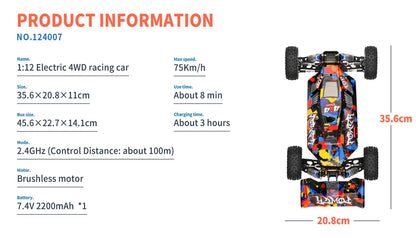 New WLtoys 124007 1/12 Brushless RC Car — 4WD 75KM/H Off-Road Drift with 2.4G One-Hand Remote, Racing Toy for Kids & Boys Gift