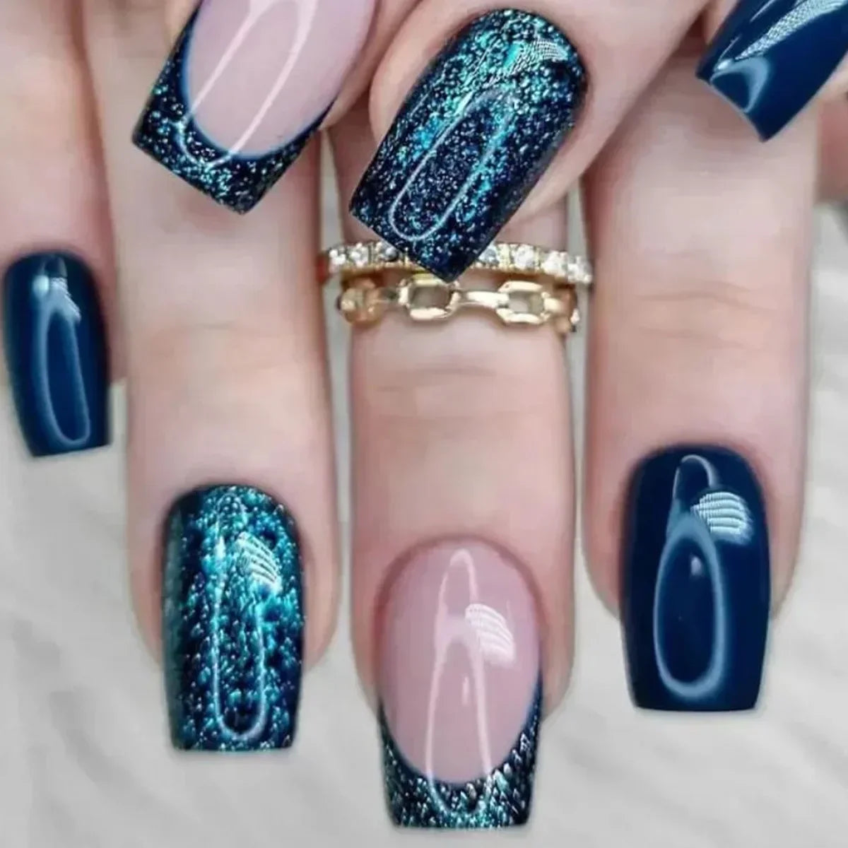 24PCS Short Square Coffin False Nails – French Glitter Acrylic Press-On Nail Tips with Glue, Wearable Fake Nails Set