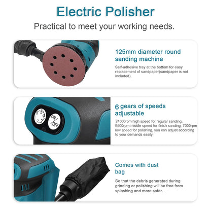 125mm 90W Brushless Cordless Orbital Sander - Electric Polisher for Wood, Metal Grinding & Polishing