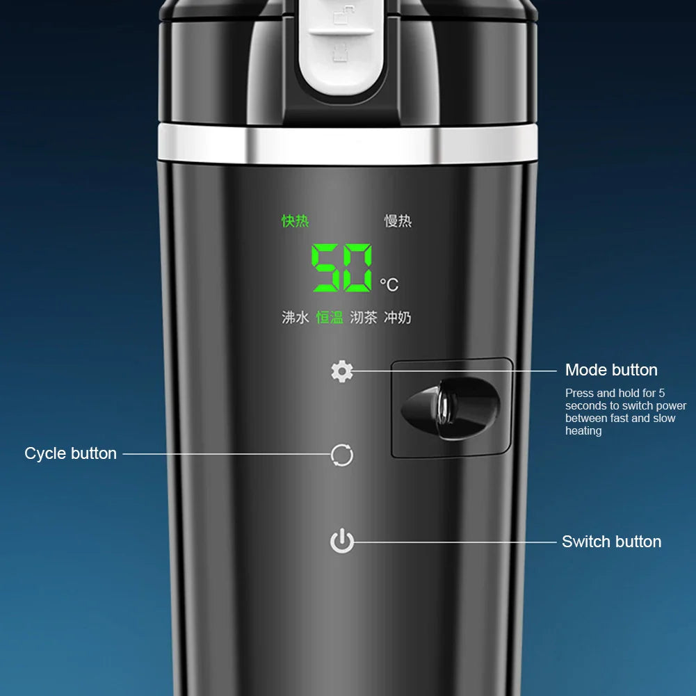 12V/24V Smart Car Heating Cup - Electric Kettle with Temperature Control, Stainless Steel 500ML Heated Smart Mug for Water Warming