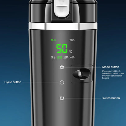 12V/24V Smart Car Heating Cup - Electric Kettle with Temperature Control, Stainless Steel 500ML Heated Smart Mug for Water Warming