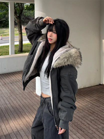 ZAROY Y2K Fur Collar Hooded Parka – Thick Padded Gothic Winter Jacket Streetwear for Men & Women