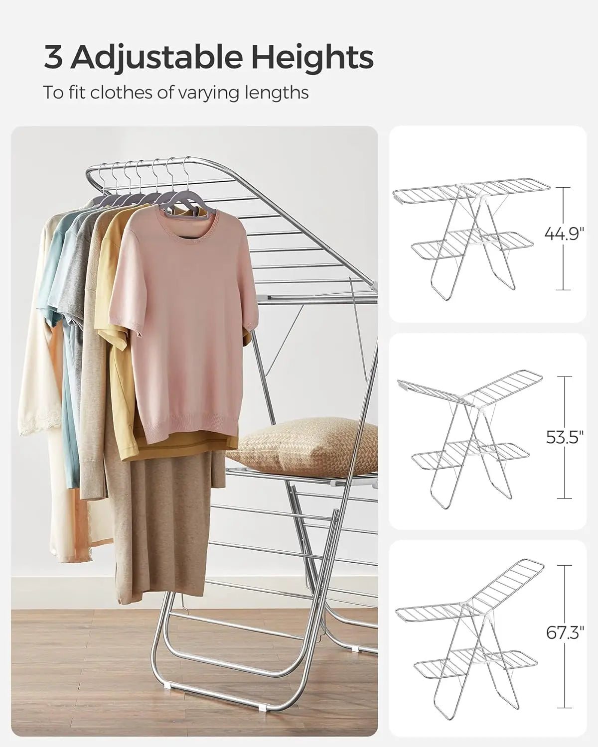 Foldable 2-Level Clothes Drying Rack – Large Free-Standing Laundry Rack with Height-Adjustable Wings