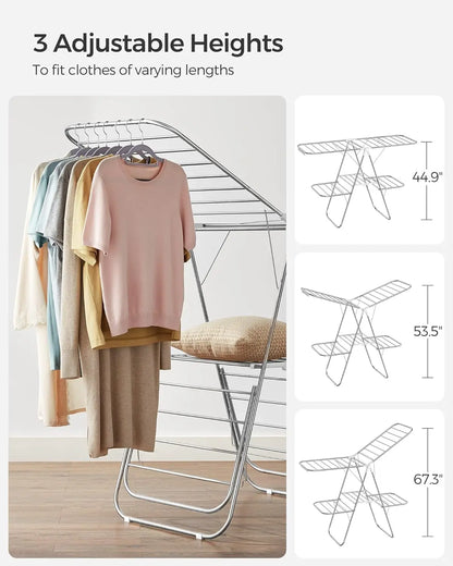 Foldable 2-Level Clothes Drying Rack – Large Free-Standing Laundry Rack with Height-Adjustable Wings