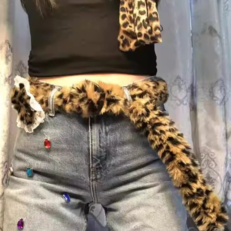 Y2K Leopard Print Faux Fur Waist Belt for Women – Plush Autumn Winter Fashion Accessory