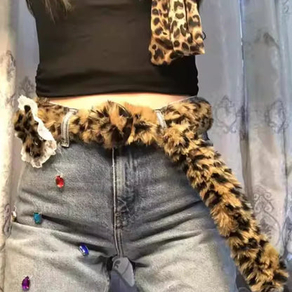 Y2K Leopard Print Faux Fur Waist Belt for Women – Plush Autumn Winter Fashion Accessory