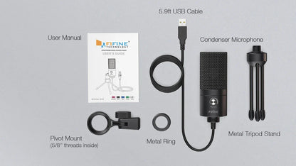 FIFINE K669 USB Condenser Microphone – Metal Recording Mic with Gain Knob for Home Studio, Podcasting & Voice-over