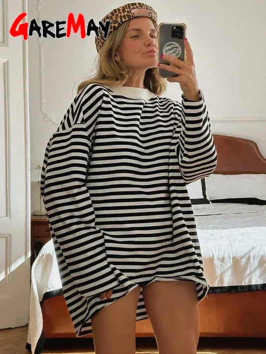 Women’s Oversized Striped T-Shirt – Black & White Long Sleeve 95% Cotton Vintage Casual Top