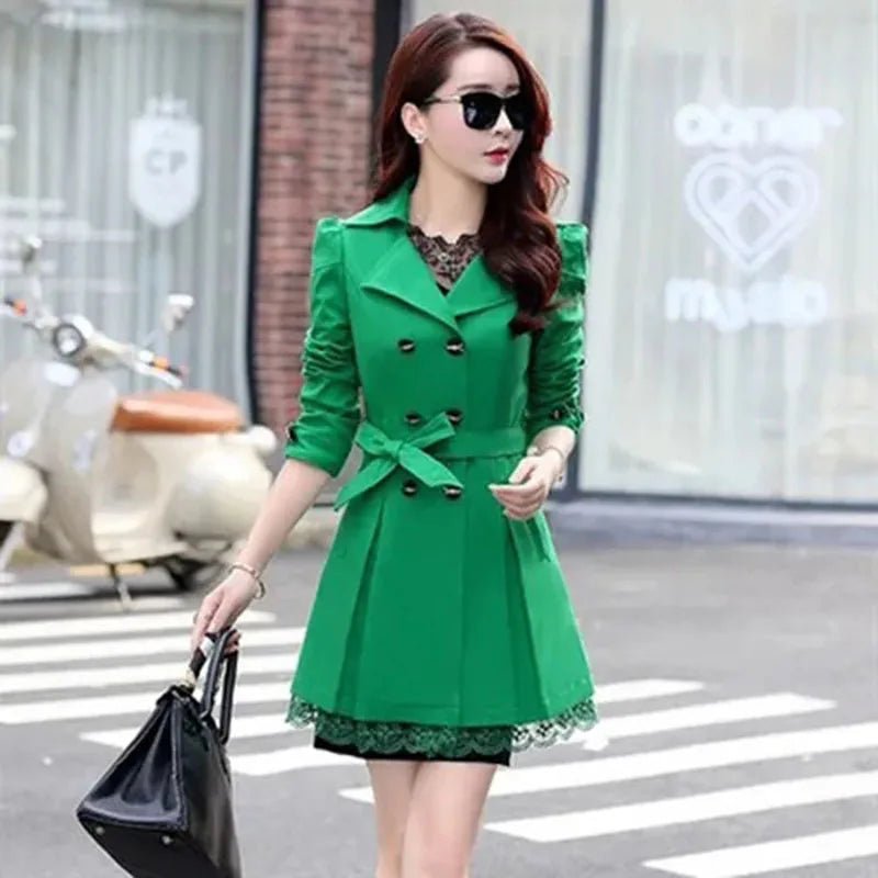 2025 Spring Autumn Women’s Slim Lace Trench Coat – Fashion Mid-Length Double-Breasted Windbreaker Outerwear