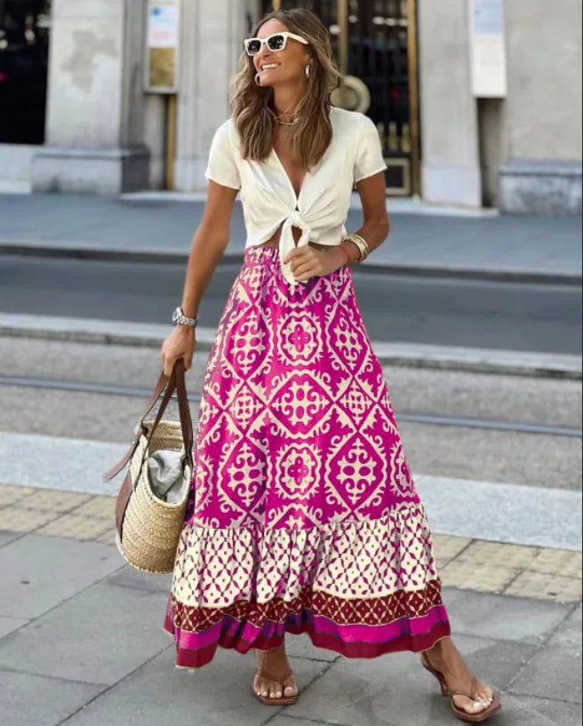 Women’s Boho Printed Midi Swing Skirt – Elastic Waist Spliced A-Line Beach & Casual Daily Wear Skirt