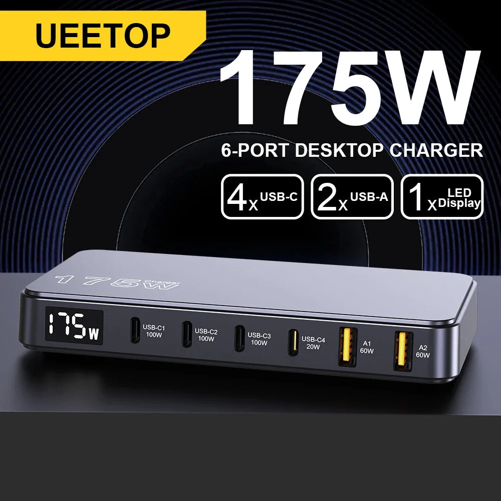 Ueetop 175W GaN USB-C Charger – 6-Port Desktop Charger with LED Display, PD 100W, PPS 45W Fast Charging for MacBook, Samsung, iPhone