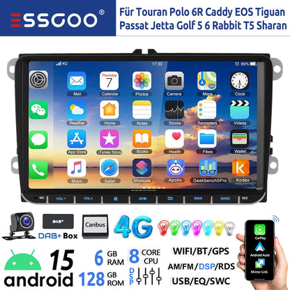 9" Android 15 Car Stereo - 6GB+128GB Wireless CarPlay GPS WiFi Bluetooth FM for VW