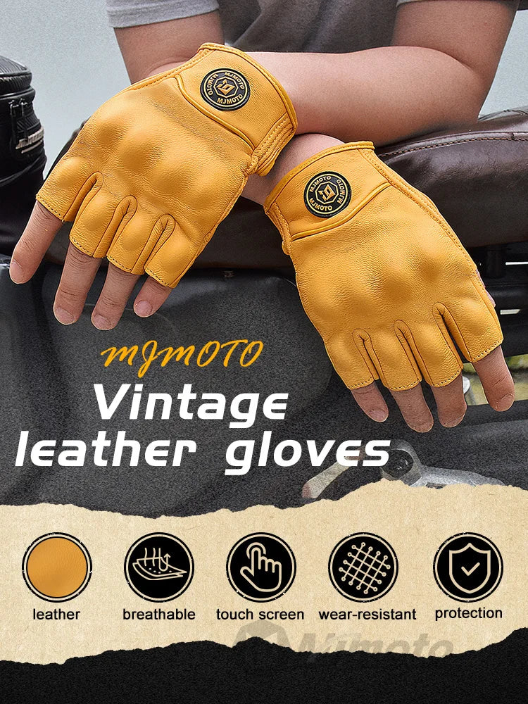 MJMOTO Retro Leather Motorcycle Half Finger Gloves – Touchscreen Motocross Gloves with Hard Shell Protection, Breathable Design
