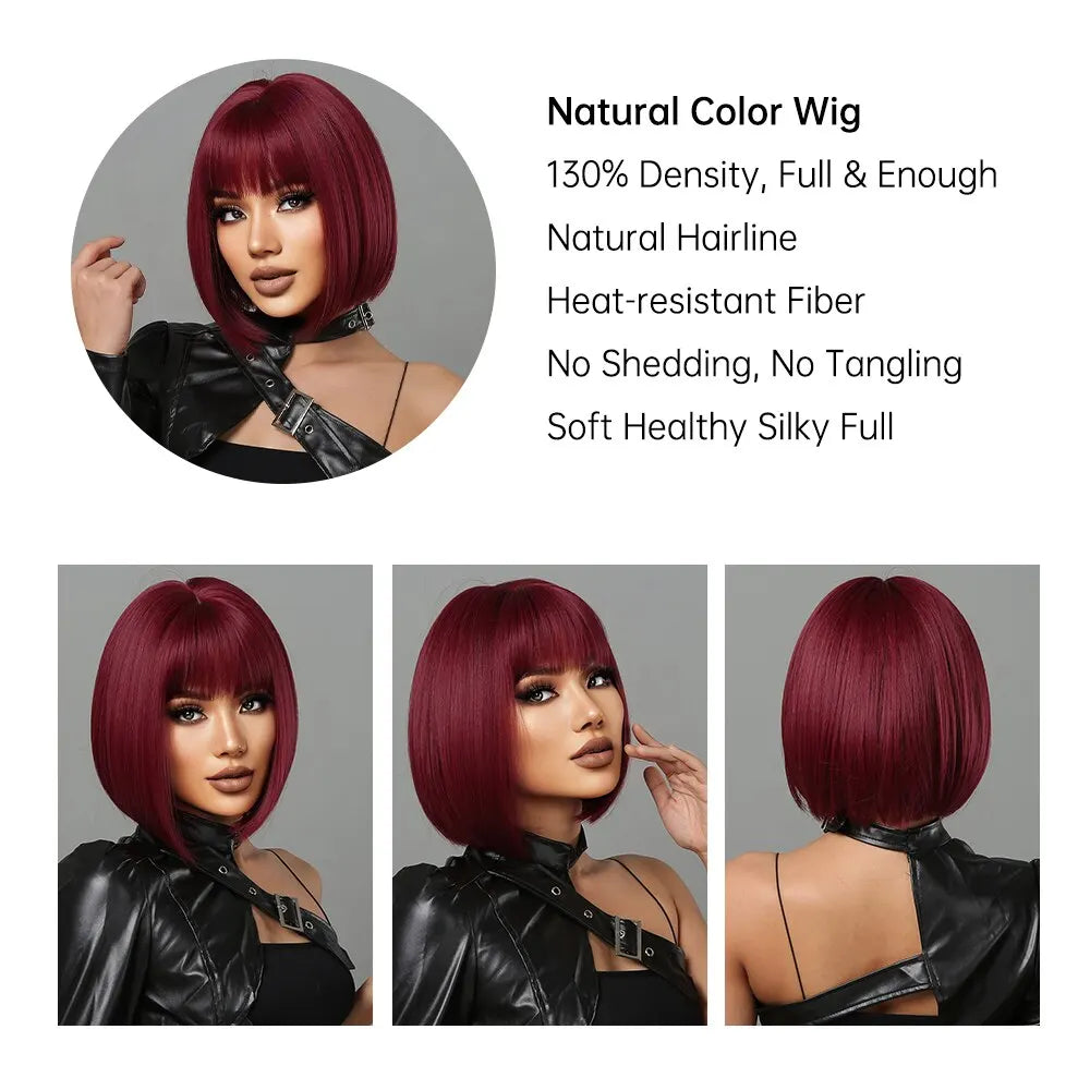 Wine Red Short Bob Wigs for Women - Burgundy Bob Wigs with Thick Bangs, Heat Resistant Synthetic Wig