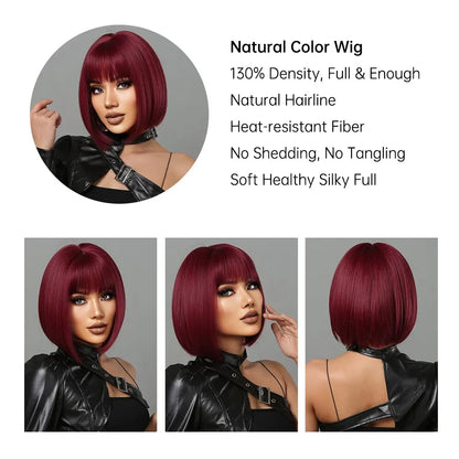 Wine Red Short Bob Wigs for Women - Burgundy Bob Wigs with Thick Bangs, Heat Resistant Synthetic Wig