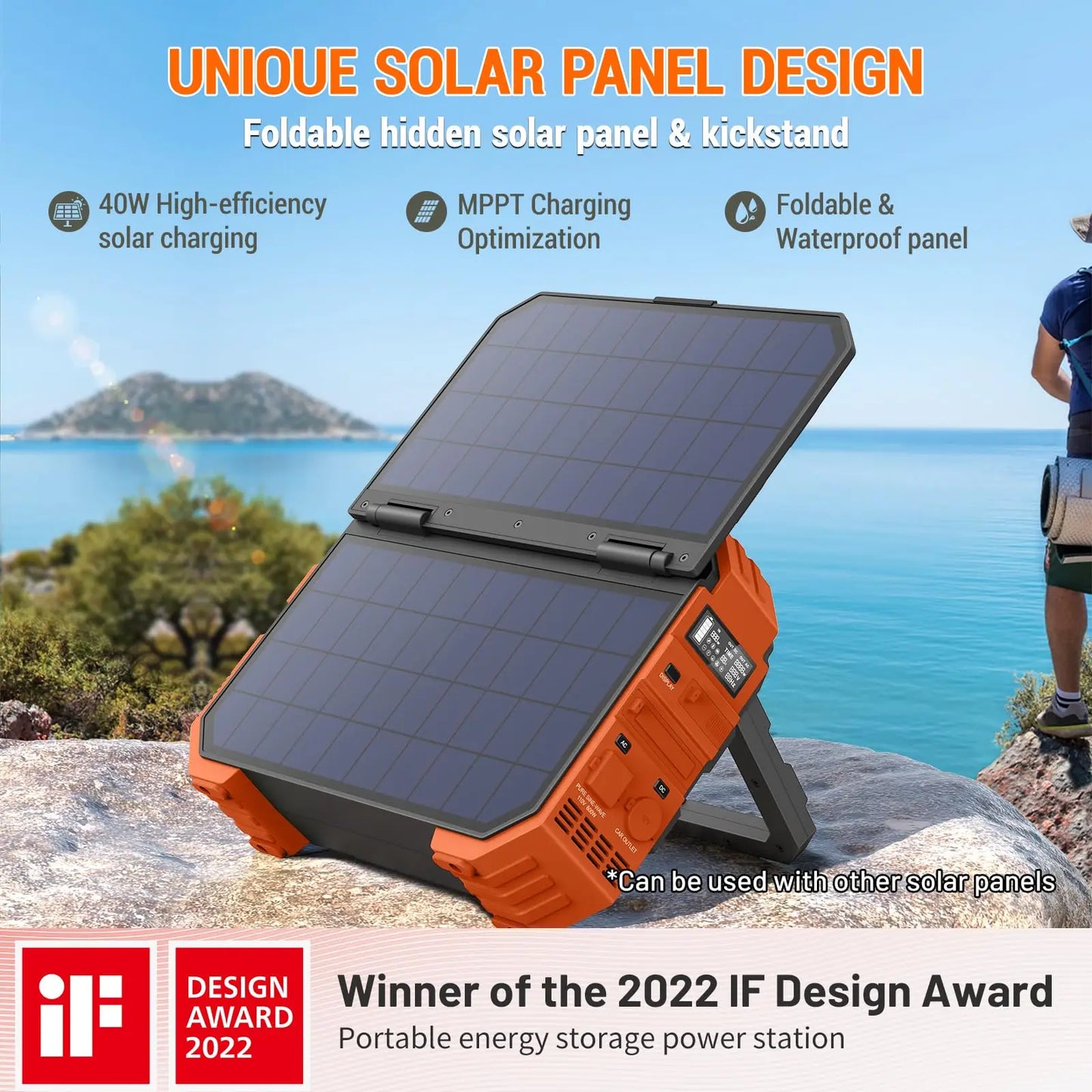 Portable 1000W Power Station with Built-in Solar Panel – 614Wh LiFePO4 Battery Pack Solar Generator with AC/DC/USB/PD