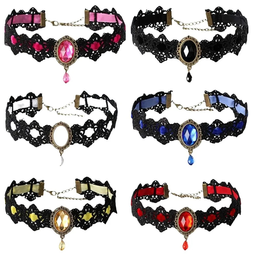 Vintage 925 Silver Gemstone Lace Pendant Necklace & Velvet Chain Choker with Matching Earrings – Elegant Fashion Jewelry Gift